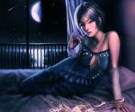  1girl blue_hair card cuffs hajime_(elan787) handcuffs hayami_kanade highres hotel_room idolmaster idolmaster_cinderella_girls key looking_at_viewer moon poker realistic short_hair sky solo yellow_eyes 