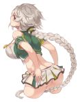  1girl ass bare_shoulders braid breasts cloud_print embarrassed from_behind hands_on_ass kantai_collection large_breasts long_hair looking_at_viewer midriff miniskirt remodel_(kantai_collection) short_sleeves silver_hair single_braid skirt thighs unryuu_(kantai_collection) very_long_hair wavy_mouth yamaarashi yellow_eyes 