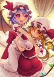  2girls armais_(me-chan337) ascot asymmetrical_hair bat_wings blonde_hair blush crystal curtains dutch_angle fang flandre_scarlet hat hat_ribbon highres hug kneeling lavender_hair looking_at_viewer looking_back mob_cap multiple_girls on_bed open_mouth puffy_sleeves red_eyes remilia_scarlet ribbon sash shirt short_hair short_sleeves siblings sisters sitting skirt skirt_set smile touhou vest violet_eyes wings 