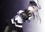  1girl black_legwear black_skirt blue_eyes capelet celtic_knot closed_mouth cross dutch_angle gloves gradient gradient_background graf_zeppelin_(kantai_collection) hair_between_eyes hat impossible_clothes impossible_shirt jacket kantai_collection long_sleeves looking_at_viewer mashiro_aa miniskirt necktie pantyhose peaked_cap pleated_skirt red_necktie shirt skirt solo spread_fingers twintails violet_eyes white_background 