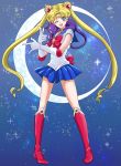  1girl animal_on_shoulder bishoujo_senshi_sailor_moon blonde_hair blue_eyes blue_skirt boots cat choker circlet crescent crescent_moon double_bun earrings elbow_gloves facial_mark forehead_mark full_body gloves high_heel_boots high_heels jewelry knee_boots long_hair luna_(sailor_moon) miniskirt mitsuru_(91000) moon one_eye_closed open_mouth pleated_skirt pointing red_boots red_ribbon ribbon sailor_moon skirt sky smile solo star_(sky) starry_sky tsuki_ni_kawatte_oshioki_yo tsukino_usagi twintails very_long_hair white_gloves 