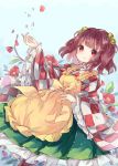  1girl apron bell blue_background brown_hair checkered dutch_angle flower hair_bell hair_ornament highres hiyoko_no_tataki japanese_clothes long_sleeves looking_at_viewer motoori_kosuzu orange_eyes petals ribbon skirt solo touhou twintails wide_sleeves 
