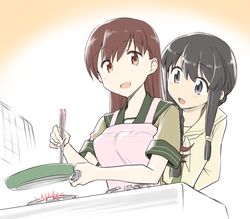  2girls apron black_eyes black_hair brown_eyes brown_hair chopsticks cooking frying_pan kantai_collection kitakami_(kantai_collection) multiple_girls ooi_(kantai_collection) open_mouth remodel_(kantai_collection) stove yatsuhashi_kyouto 