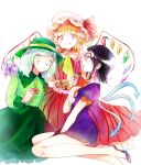  3girls adapted_costume artist_name black_hair blonde_hair blush bow closed_eyes colored_eyelashes cookie diamond_(shape) dress eating flandre_scarlet food frilled_collar frilled_skirt frills green_hair green_skirt happy hat hat_bow highres houjuu_nue komeiji_koishi legs long_skirt long_sleeves mob_cap multicolored_hair multiple_girls nail_polish open_mouth pink_eyes purple_dress purple_nails purple_shoes red_dress ribbon rosette_(roze-ko) shoes short_dress short_hair short_sleeves side_ponytail simple_background single_wing skirt smile striped striped_dress thighs third_eye touhou two-tone_hair white_background wings 