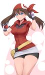  1girl artist_name bag bike_shorts blue_eyes breasts brown_hair collar dual_wielding gloves grin hair_between_eyes haruka_(pokemon) head_scarf highres holding holding_poke_ball jacket large_breasts long_sleeves looking_at_viewer miniskirt parted_lips poke_ball pokemon pokemon_(game) pokemon_rse red_jacket short_sleeves simple_background skirt smile solo stormcow twintails white_gloves white_skirt zipper 