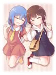  2girls :d ^_^ backpack bag black_hair blue_hair cat_hair_ornament closed_eyes dress furutani_kaede hair_ornament handbag holding_hands hoodie jumping low_twintails mari_(yuru_yuri) multiple_girls necktie open_mouth red_shoes shoes short_twintails smile socks tokunagasan twintails white_legwear yellow_shoes yuru_yuri 