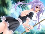  1girl ass game_cg kenko_kenko kenko_no_heya long_hair looking_at_viewer maid open_mouth outdoors purple_hair solo violet_eyes 