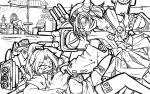  3girls artist_request breasts character_request cleavage freckles greyscale kantai_collection kirishima_(kantai_collection) monochrome multiple_girls nontraditional_miko original rigging sweat thigh-highs turret 