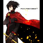 1boy black_hair commentary_request copyright_name highres looking_at_viewer neko_nadeshiko pillarboxed pixiv_fantasia pixiv_fantasia_t red_eyes short_hair simple_background solo sword weapon white_background 
