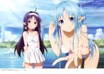  2girls absurdres ahoge arms_behind_back asuna_(sao) asuna_(sao-alo) bikini blue_eyes blue_hair braid breasts cleavage french_braid front-tie_top halterneck highres leaning_forward long_hair multiple_girls outdoors outstretched_arm outstretched_hand purple_hair smile swimsuit sword_art_online violet_eyes water wet white_bikini white_swimsuit yuuki_(sao) 