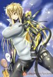  1boy 1girl bald black_sclera blonde_hair breasts cape cleavage cyborg female genderswap genos hips impossible_clothes impossible_shirt large_breasts long_hair looking_at_viewer male onepunch_man patreon saitama_(onepunch_man) shirt torahime_(roland00) yellow_eyes 