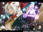  1boy 1girl animal_ears blue_eyes breasts cleavage commentary_request letterboxed magic_circle neko_nadeshiko pixiv_fantasia pixiv_fantasia_t pointy_ears red_eyes short_hair smile tail white_hair 