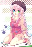  1girl apron barefoot bell beret blue_eyes breasts brush fang green_eyes hat heterochromia jewelry k_(anime) long_hair neko_(k) paint paint_on_clothes paint_on_face paw_print pink_hair poooka smile solo star very_long_hair 