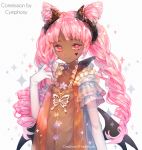  1girl butterfly character_request cymphonia dark_skin double_bun drill_hair elbow_gloves facial_mark flat_chest gloves heart horns long_hair looking_at_viewer low_wings open_clothes pink_eyes pink_hair smile solo sparkle twintails white_gloves wings 