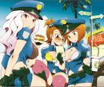  3girls bikini_top eating food futami_ami gun hagiwara_yukiho hamburger holster idolmaster miniskirt multiple_girls open_clothes police police_uniform policewoman shijou_takane short_hair skirt sunglasses unbuttoned uniform weapon zasha 