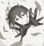  1girl empty_eyes foreshortening from_above gedou_(ge_ge_gedou) gloves greyscale leaf looking_at_viewer monochrome monogatari_(series) open_hands oshino_ougi short_hair solo 
