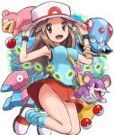  1girl armband armpits blue_(pokemon) breasts brown_eyes brown_hair hat leaf open_mouth panties pantyshot poke_ball pokemoa pokemon pokemon_(creature) pokemon_(game) pokemon_frlg porygon rattata skirt slowpoke smile strap_cleavage tentacool underwear 