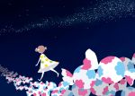  1girl bow brown_hair candy dress from_behind hair_bow night no_lineart no_shoes nona_drops original path road sky solo space star_(sky) starry_sky surreal two_side_up walking white_bow wrapped_candy 