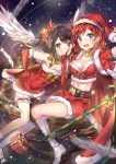  angel_wings bare_shoulders black_hair boots cape cozyquilt elbow_gloves gloves highres love_live!_school_idol_project midriff nishikino_maki red_eyes redhead santa_costume skirt twintails violet_eyes wings yazawa_nico 