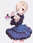  1girl :d ascot black_bow black_bowtie black_jacket black_legwear black_ribbon blonde_hair blue_skirt blush bone bow bowl brooch buttons corset cropped_jacket earrings eyeball food frilled_sleeves frills fruit glass grey_background hair_over_one_eye highres holding holding_spoon idolmaster idolmaster_cinderella_girls jacket jelly jewelry long_sleeves number open_mouth over-kneehighs pleated_skirt pocky print_skirt pudding red_bow red_eyes ribbon shirasaka_koume shirt short_hair sinsihukunokonaka skirt skull_print smile solo star strawberry sweets thigh-highs white_shirt 