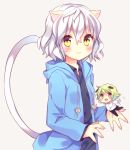  1boy :3 androgynous animal_ears bell bell_collar blush cat_ears cat_tail chibi claws collar green_hair hoodie hunter_x_hunter miniboy nefelpitou poooka shaiapouf short_hair silver_hair tail wavy_hair yellow_eyes 