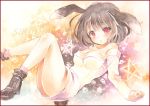  1girl :o animal_ears ankle_boots ankle_socks bare_shoulders boots border breasts brown_hair bunny_tail cleavage colored_pencil_(medium) gradient gradient_background knees_up leg_lift long_sleeves marker_(medium) multicolored_background original potto_(minntochan) rabbit_ears reclining red_eyes sample short_hair solo star sweater tail traditional_media watercolor_(medium) 