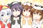  4girls akatsuki_(kantai_collection) alternate_costume alternate_hairstyle animal_costume bangs bell_(oppore_coppore) blue_eyes braid brown_hair cat_costume chestnut_mouth chicken_costume clenched_hands collarbone cosplay cow_costume dog_costume hair_between_eyes hibiki_(kantai_collection) hood ikazuchi_(kantai_collection) inazuma_(kantai_collection) kantai_collection kigurumi long_hair long_sleeves looking_at_viewer multiple_girls pajamas pom_pom_(clothes) purple_hair red_eyes short_hair sparkle twin_braids upper_body violet_eyes white_hair 
