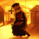  1girl alcohol black_dress blonde_hair building commentary dress drooling empty_eyes hair_ornament junko_(touhou) long_hair long_sleeves mountain red_eyes sake shaded_face shirosato sitting solo swing tabard touhou very_long_hair 