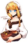 1girl artist_name bare_shoulders basket blonde_hair blue_eyes braid bread carrying dated dress expressionless food fruit hood linkle long_hair pointy_ears signature simple_background solo the_legend_of_zelda twin_braids upper_body white_background zelda_musou 