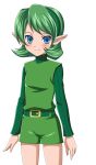  1girl belt blue_eyes blush green_hair hairband highres muedo overalls pointy_ears saria short_hair shorts simple_background smile solo sweater the_legend_of_zelda the_legend_of_zelda:_ocarina_of_time white_background 