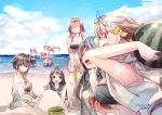  &gt;:d +_+ 6+girls :d ^_^ ahoge ball bangs barefoot beach beachball bikini bikini_top blonde_hair blue_eyes blue_hair braid breasts brown_hair bucket closed_eyes clouds commentary_request fang food fruit hair_flaps hair_ornament hair_ribbon hairband hairclip harusame_(kantai_collection) kantai_collection light_brown_hair long_hair looking_back low_twintails multiple_girls murasame_(kantai_collection) navel open_mouth pink_hair red_eyes remodel_(kantai_collection) ribbon samidare_(kantai_collection) sand scarf shigure_(kantai_collection) shiratsuyu_(kantai_collection) shirt short_hair shorts side_ponytail single_braid sitting skirt sky sleeveless sleeveless_shirt smile sparkle sparkling_eyes standing sugino_(patrassyar) suzukaze_(kantai_collection) swept_bangs swimsuit towel towel_around_neck twintails very_long_hair wariza water watermelon yuudachi_(kantai_collection) 