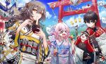  &gt;_&lt; 1boy 2girls black_gloves black_hair blue_kimono blue_sky bowl chopsticks clouds commentary_request cycrane_(honkai:_star_rail) dan_heng_(honkai:_star_rail) day fingerless_gloves food gloves grey_hair hair_between_eyes holding holding_bowl holding_chopsticks honkai:_star_rail honkai_(series) japanese_clothes kimono long_hair long_sleeves looking_at_viewer march_7th_(honkai:_star_rail) multiple_girls open_mouth outdoors pink_hair pokira pom-pom_(honkai:_star_rail) short_hair sky stelle_(honkai:_star_rail) torii trailblazer_(honkai:_star_rail) upper_body white_kimono wubbaboo_(honkai:_star_rail) yellow_eyes 