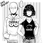  ... 1boy 1girl 2015 bald bangs belt casual closed_mouth clothes_writing dress fubuki_(onepunch_man) fur_coat hand_on_hip hands_in_pocket hood_down hoodie jacket_on_shoulders kuroha_ai looking_at_another looking_to_the_side monochrome onepunch_man pants saitama_(onepunch_man) shared_speech_bubble shirt short_hair signature sketch speech_bubble t-shirt upper_body 
