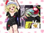  1boy 1girl :d ainz_ooal_gown arms_up bag black_shirt blonde_hair blush bondance012 book bottomless collarbone commentary_request fangs flandre_scarlet hat hecatia_lapislazuli hecatia_lapislazuli_(cosplay) highres looking_at_viewer loose_shirt multicolored_wings open_mouth overlord_(maruyama) paper_bag parody red_eyes shirt short_hair side_ponytail smile title_parody touhou wings 