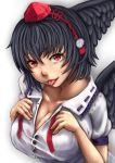  1girl :p bird_wings black_hair black_wings breasts buttons cleavage collarbone collared_shirt eyelashes feathered_wings frilled_collar hands_on_own_chest hat highres large_breasts looking_at_viewer miki_nezumi nose open_clothes open_shirt red_eyes ribbon-trimmed_collar ribbon_trim shameimaru_aya shirt short_hair short_sleeves teasing tokin_hat tongue tongue_out touhou white_shirt wings 