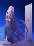  1girl blue_dress closed_eyes dress facial_mark fate/hollow_ataraxia fate/stay_night fate_(series) forehead_mark hoshiyume_yashiro long_hair night night_sky pillar purple_hair rider sky solo very_long_hair 