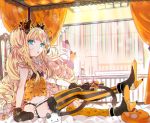  1girl bed black_panties blonde_hair blush cat_ear_headphones cat_paws high_heels lingerie long_hair mismatched_legwear panties parted_lips paws piyo_(ppotatto) seeu sitting solo striped striped_legwear stuffed_toy thigh-highs underwear vocaloid 