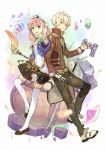  1boy 1girl :d absurdres anvil atelier_(series) atelier_escha_&amp;_logy back-to-back bangle belt blush bottle bracelet cauldron escha_malier feathers fingerless_gloves full_body gem gloves green_eyes grey_hair hammer hidari_(left_side) highres holding holding_staff jacket jewelry logix_ficsario official_art open_mouth pants pink_hair powder round-bottom_flask shoes short_hair skirt smile staff sword tail thigh-highs twintails weapon white_background white_gloves white_legwear yellow_eyes 