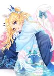  1girl :3 animal_ears bangs blonde_hair blue_eyes bow butterfly_hair_ornament cat_ears cat_tail cinderella fang floral_background floral_print glass_slipper gloves hair_ornament hakama head_rest high_heels japanese_clothes jewelry kimono long_hair looking_at_viewer original pointy_ears ribbon sera_(mrvles) shoes_removed sitting solo tail tail_bow text twintails white_gloves white_ribbon wide_sleeves 