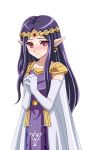  1girl blush circlet dress earrings elbow_gloves female gloves hands_together highres jewelry long_hair muedo pointy_ears princess_hilda purple_hair simple_background solo the_legend_of_zelda the_legend_of_zelda:_a_link_between_worlds violet_eyes white_background 