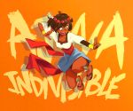  1girl ajna_(indivisible) ankle_wraps beads bike_shorts bracelet brown_hair character_name commentary copyright_name dark_skin fighting_stance hair_ornament highres indivisible jewelry kosal open_mouth sandals sash shadow shirt short_hair shorts_under_skirt skirt smile solo 