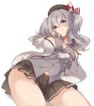  1girl blue_eyes breasts buttons epaulettes gloves hair_between_eyes jacket kantai_collection kashima_(kantai_collection) large_breasts looking_at_viewer lying military military_uniform on_back sidelocks silver_hair solo tsurime twintails unbuttoned uniform wavy_hair white_gloves yamaarashi 