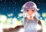  1girl :3 :d blurry blush bokeh breath brown_eyes coat depth_of_field fang hair_ornament hairclip hano_(keepon_haruka) idolmaster idolmaster_cinderella_girls koshimizu_sachiko looking_at_viewer open_mouth purple_hair scarf short_hair smile snow solo 