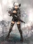  &gt;:) 1girl bangs black_boots black_gloves boots breasts cleavage floating_hair full_body garter_straps gloves goggles goggles_around_neck grey_hair gun hair_ribbon holding holding_gun holding_weapon knee_boots legs_apart lips long_hair long_sleeves looking_at_viewer orange_eyes pixiv_fantasia pixiv_fantasia_t ribbon riinu_(ir-n) shorts shotgun shoulder_pads signature smile solo standing thigh-highs trigger_discipline tsurime weapon 