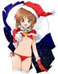  1girl bag bell bell_collar bikini blush boots brown_eyes brown_hair capelet carrying carrying_over_shoulder christmas collar cowboy_shot girls_und_panzer gloves hat kinu_(le) looking_at_viewer nishizumi_miho open_mouth oversized_object red_bikini santa_hat short_hair side-tie_bikini smile solo swimsuit thigh-highs thigh_boots 