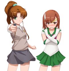  2girls bishoujo_senshi_sailor_moon brown_eyes brown_hair coin cosplay costume_switch crossover elbow_gloves gloves green_eyes kino_makoto long_hair misaka_mikoto misaka_mikoto_(cosplay) multiple_girls okuto_(zwindhwingf) ponytail power_connection sailor_jupiter sailor_jupiter_(cosplay) school_uniform short_hair shorts shorts_under_skirt sweatdrop to_aru_kagaku_no_railgun to_aru_majutsu_no_index 