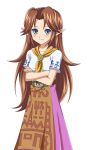  1girl belt blue_eyes brown_hair crossed_arms highres long_hair long_skirt malon muedo pointy_ears purple_skirt shirt simple_background skirt smile solo the_legend_of_zelda the_legend_of_zelda:_ocarina_of_time white_background 