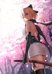  ahoge ass bare_back black_legwear blonde_hair bow breasts cherry_blossoms elbow_gloves fate/grand_order fate_(series) gloves hair_bow holding japanese_clothes katana koha-ace looking_at_viewer looking_back obi parted_lips petals sakura_saber sash scarf shijiu_(adamhutt) short_hair sideboob sword thigh-highs thighs tree weapon yellow_eyes 