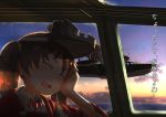  1girl aircraft asleep brown_hair dusk flying h6k kantai_collection kitsuneno_denpachi magatama ryuujou_(kantai_collection) sleeping twintails visor_cap 