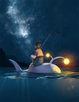  1boy fishing_line fishing_rod from_behind gyarados hat highres kezrek lanturn light looking_up luvdisc mew night pokemon pokemon_(creature) pokemon_trainer shorts silhouette sky star_(sky) starry_sky vest watermark web_address wingull 